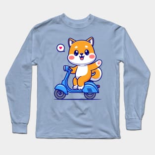 Cute Shiba Inu Waving Hand On Scooter Cartoon Long Sleeve T-Shirt